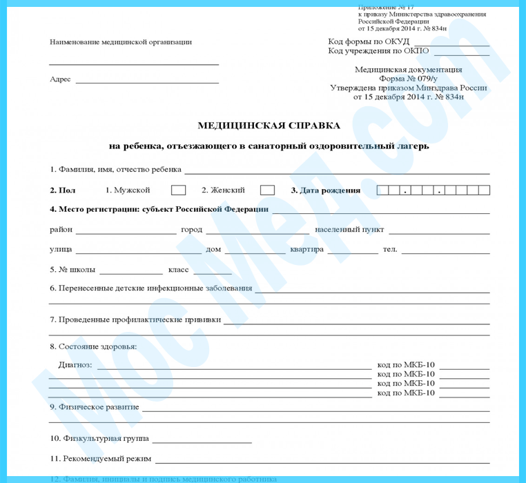 Официальная справка 079/у для детского лагеря с печатями
